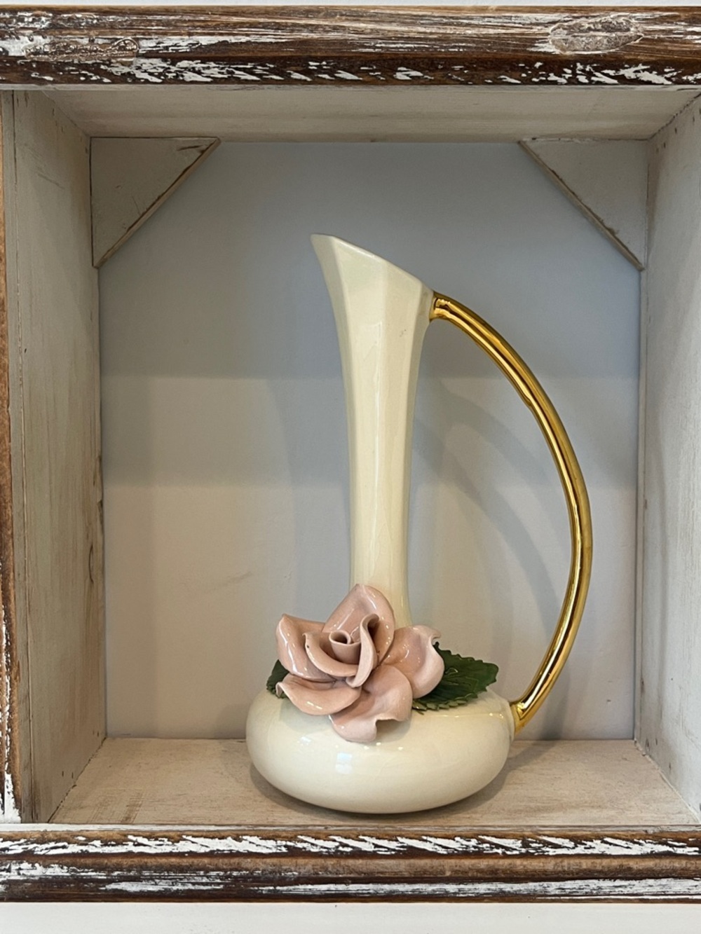Elegant Vintage Cream Porcelain Bud Vase w/ Dusty Pink Rose & Gold Handle